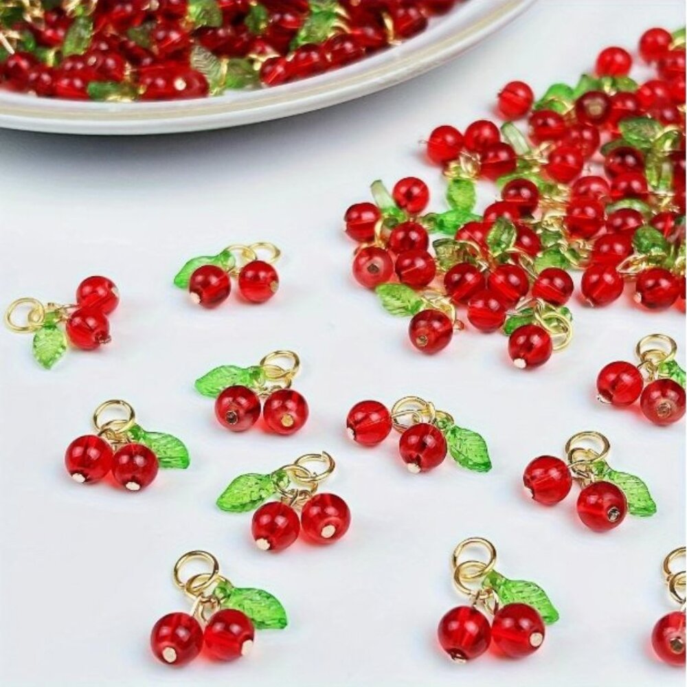 Cherry Fruit Pendants, Cute Pendants With Two Cherries and a Green Leaf.  10 pcs